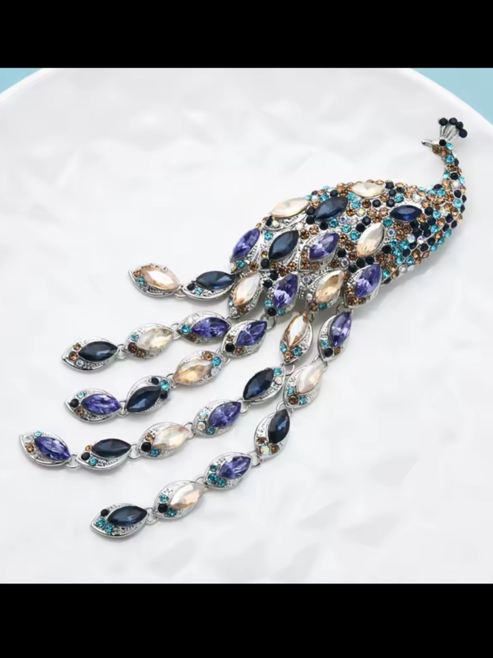 Luxe Peacock Feather Blue Purple Gem Diamond Brooch - Picture 7 of 10